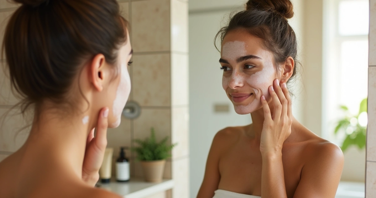 Pessoa com vitiligo observando manchas estáveis no rosto em frente ao espelho 