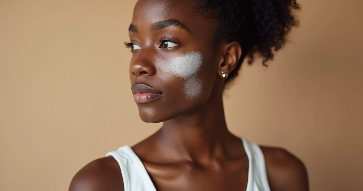 Rosto de mulher de pele negra com vitiligo em close mostrando contraste das manchas 
