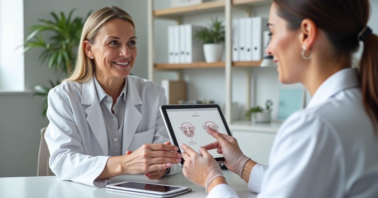 Dermatologista avaliando vitiligo em rosto e mãos de paciente em consultório 