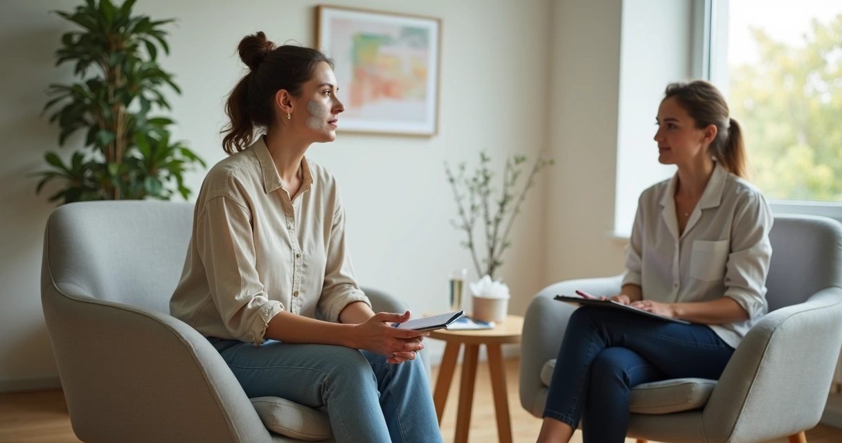 Mulher com vitiligo em consulta acolhedora com psicóloga 