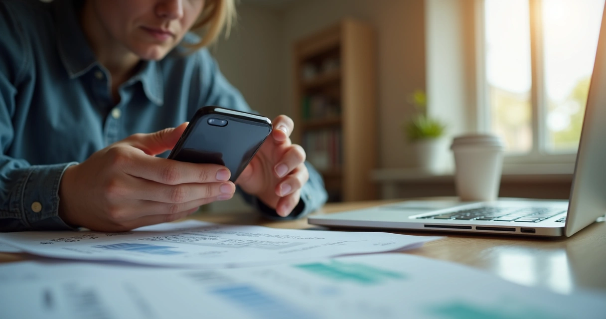 Pessoa olhando o celular preocupada, digitando e com expressão de surpresa 