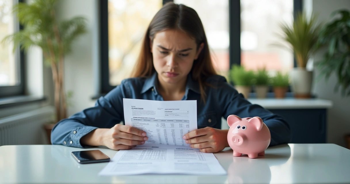 Pessoa preocupada analisando extrato bancário com documentos imobiliários. 