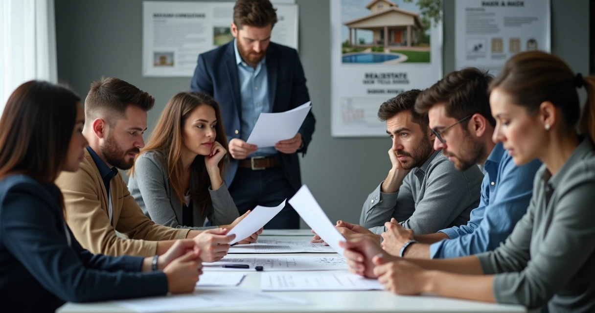 Pessoas segurando contratos e mostrando preocupação em escritório imobiliário 