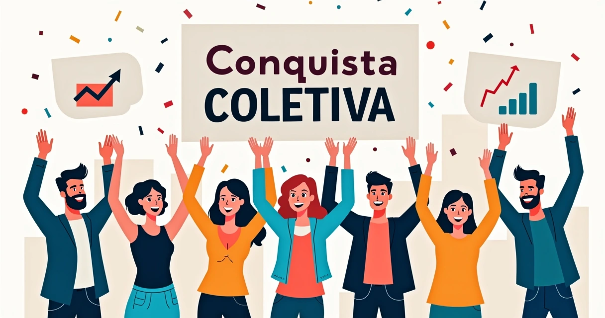 Ilustração de associados comemorando conquistas coletivas 