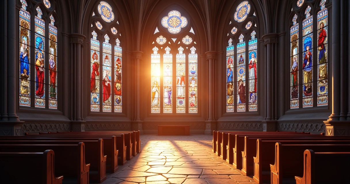 Vitrais coloridos de uma catedral iluminada pelo sol 