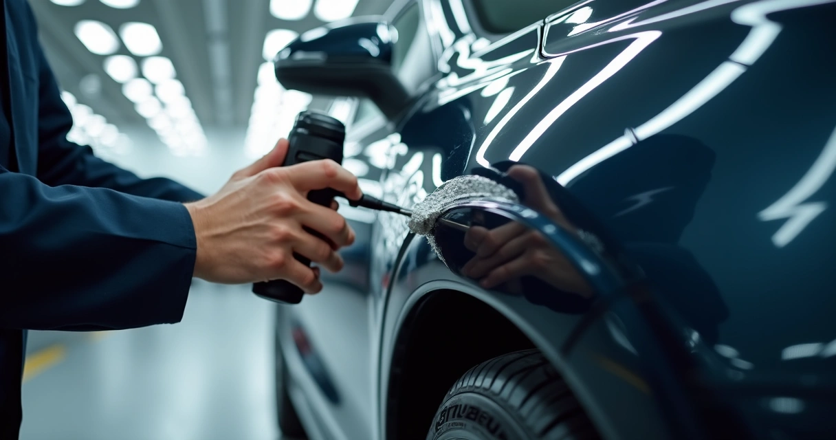 Técnico aplicando vitrificação em pintura automotiva