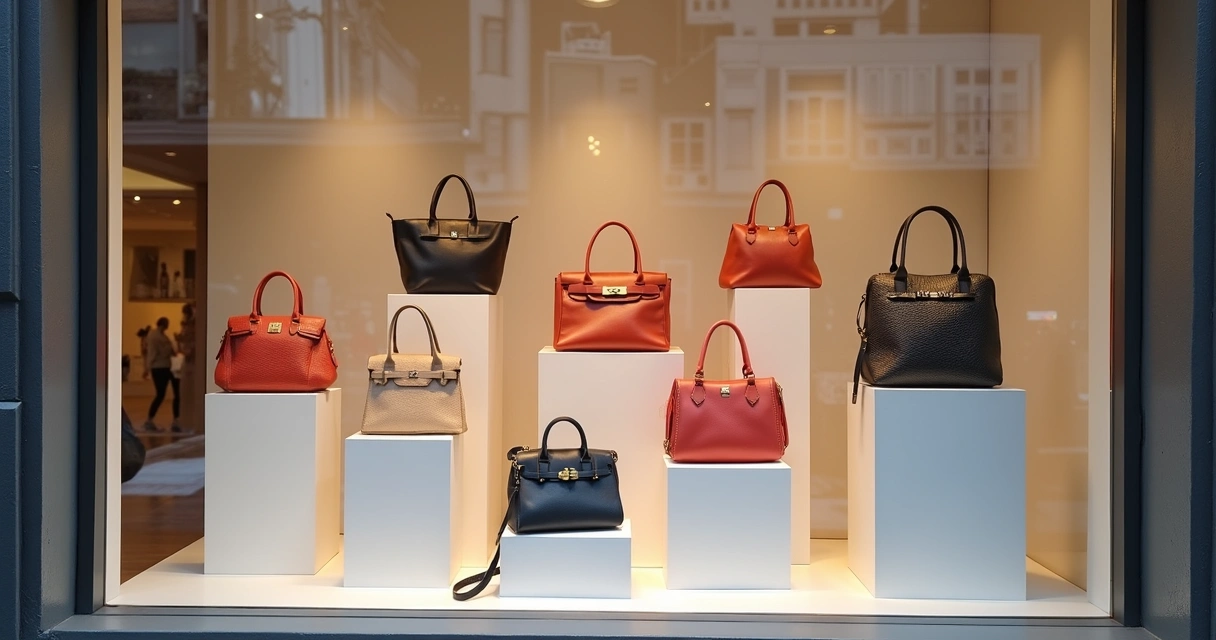 Vitrine de loja com bolsas exibidas de forma organizada e bonita