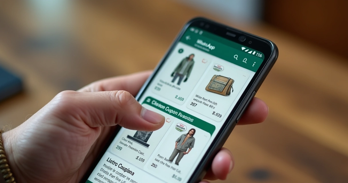 Catálogo de produtos de varejo no WhatsApp exibido em smartphone 