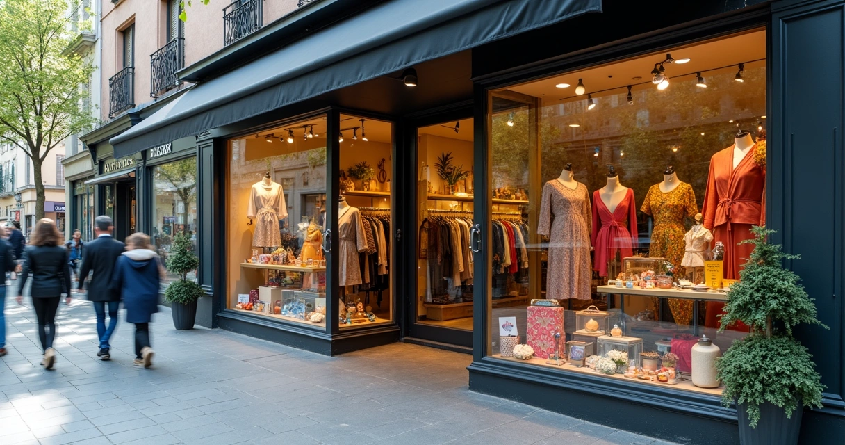 Vitrine colorida com produtos diversos em loja de rua