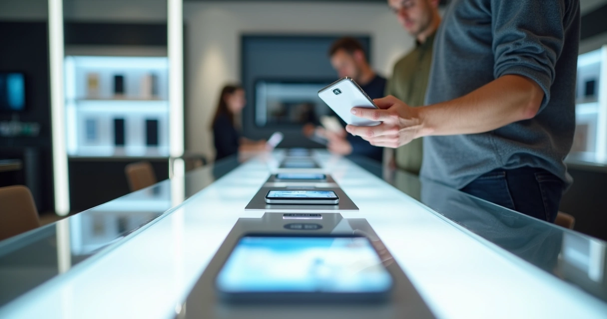 Vitrine de loja com celulares premium em destaque