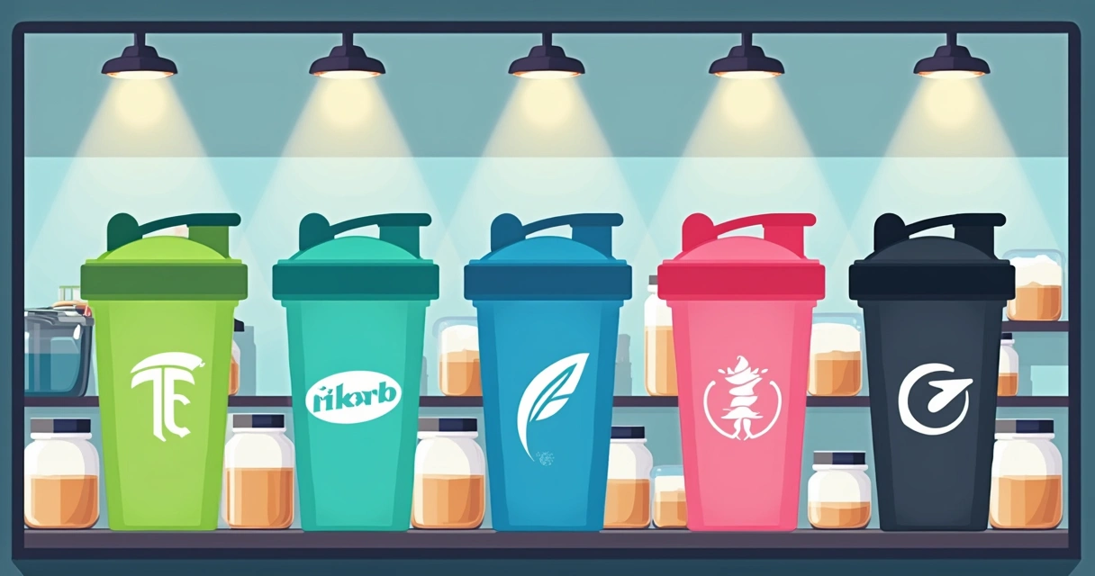 Vitrine de loja de suplementos exibindo coqueteleiras coloridas e personalizadas alinhadas 