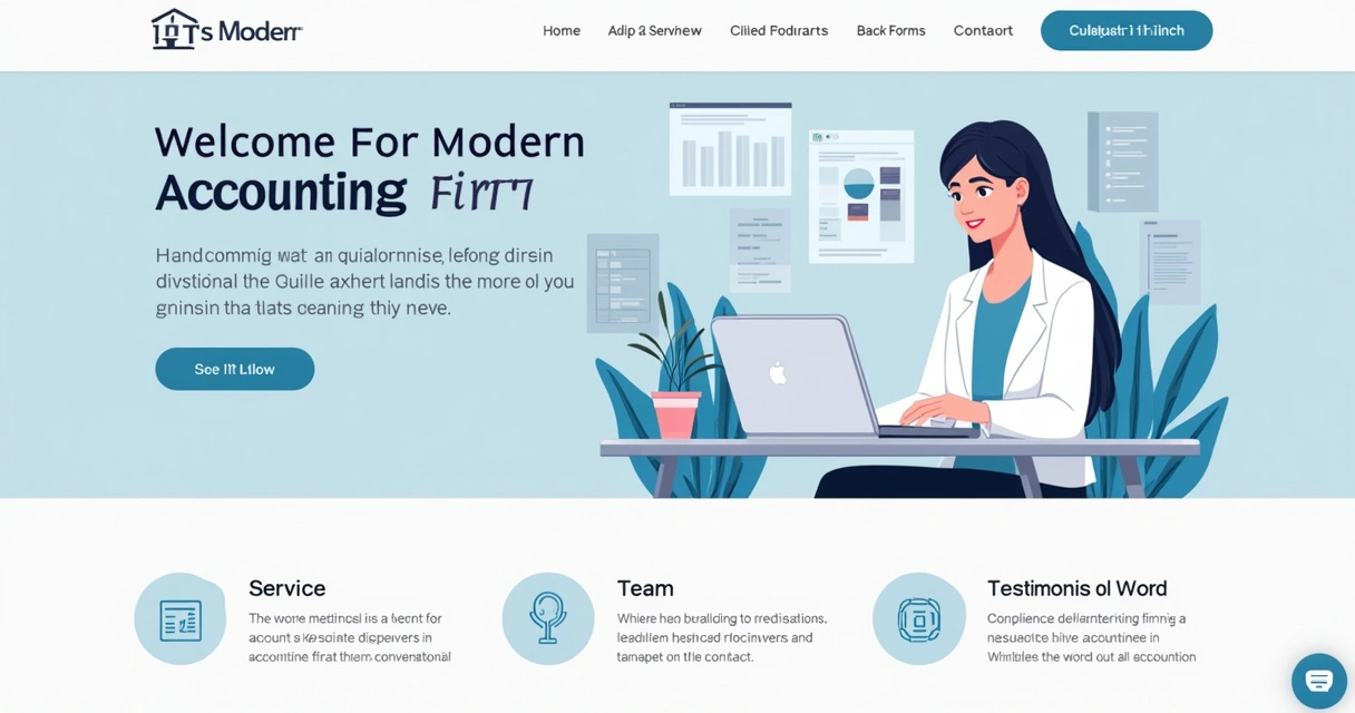 Página inicial de um site moderno de contabilidade com seções claras e formulário de contato 