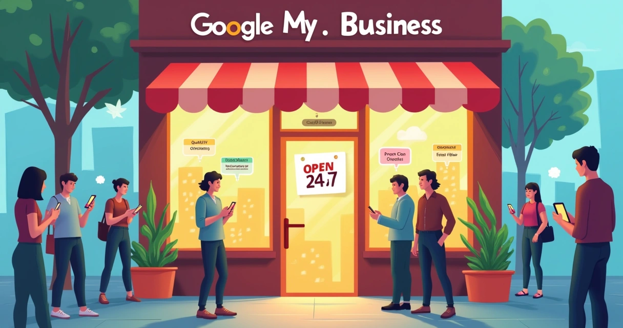 Vitrine digital movimentada mostrando um perfil do Google Meu Negócio com ícones de dados e avaliações.