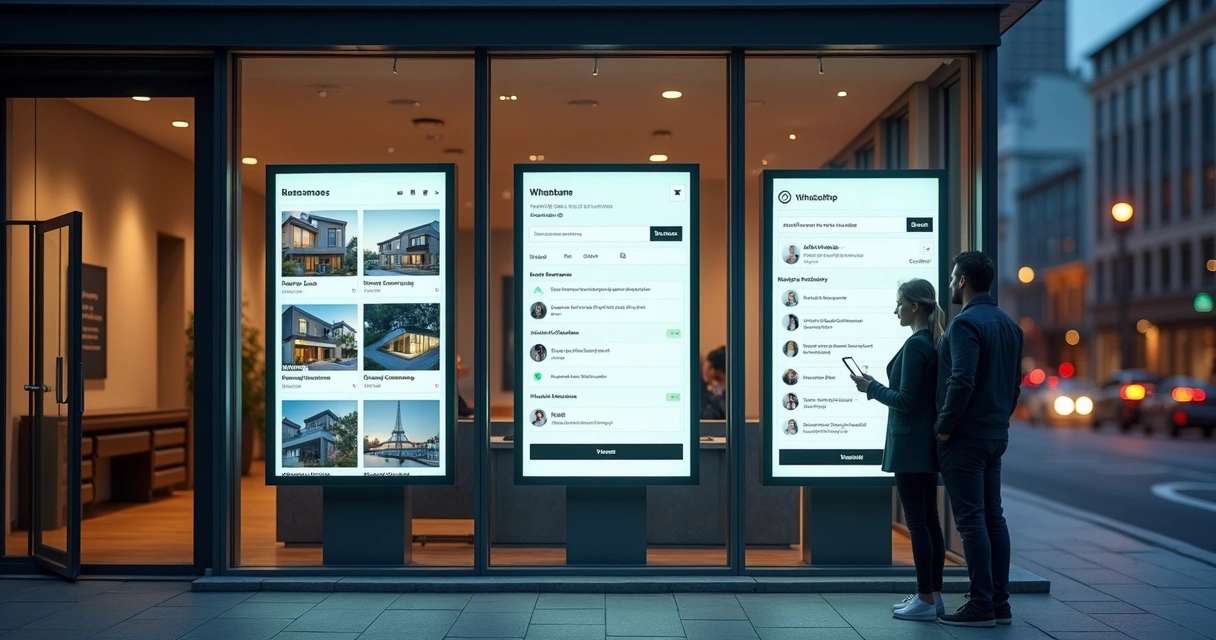 Fachada de imobiliária com painéis digitais exibindo site e funil de vendas 