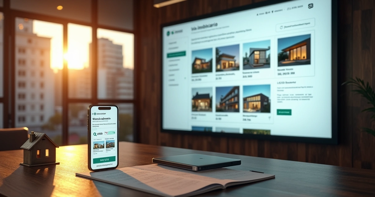 Sala com painel digital exibindo site imobiliário em formato de vitrine de imóveis 