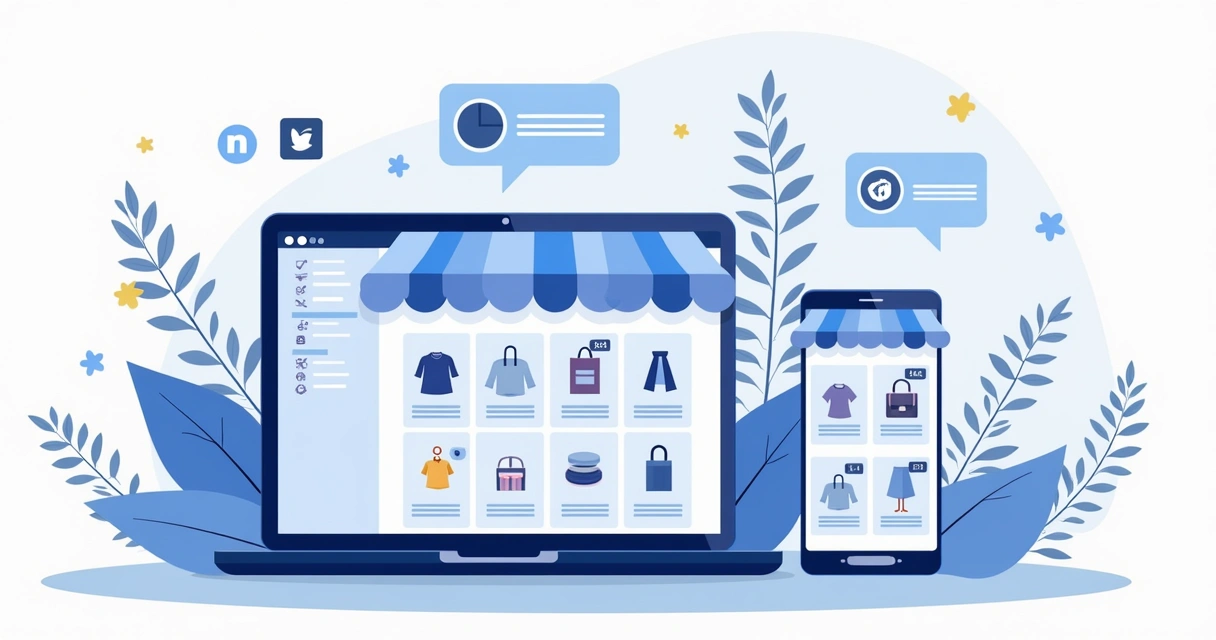 Vitrine digital de loja virtual exibindo produtos em diferentes dispositivos 