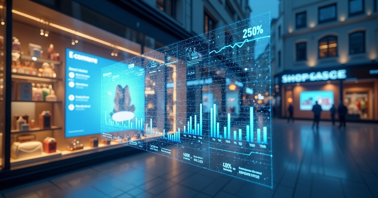 Vitrine de loja física e tela de e-commerce integrados, com gráficos de vendas crescentes 