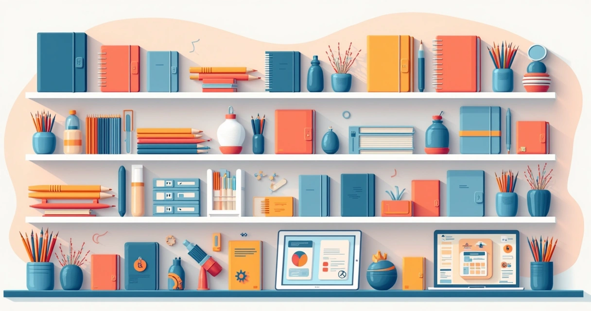 Vitrine digital organizada com materiais de papelaria variados, como cadernos e canetas 