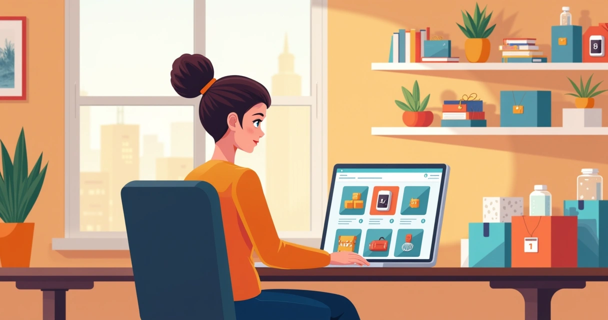 Lojista usando notebook para criar catálogo com produtos organizados 