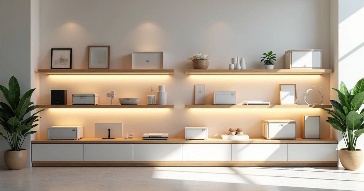 IA Imagem: Como Gerar Imagens para E-commerce e Marketing 1 Vitrine virtual de produtos variados em ambiente moderno, iluminação suave e cores neutras