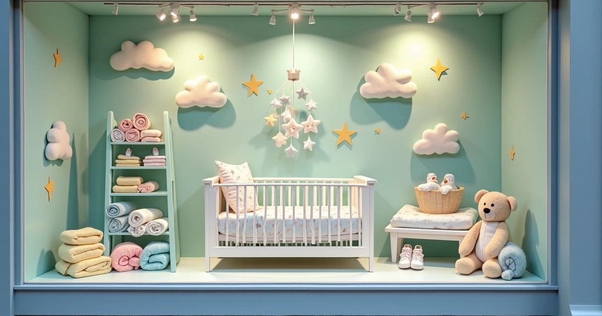 Vitrine de loja com enxoval infantil exposto em cenário lúdico colorido 
