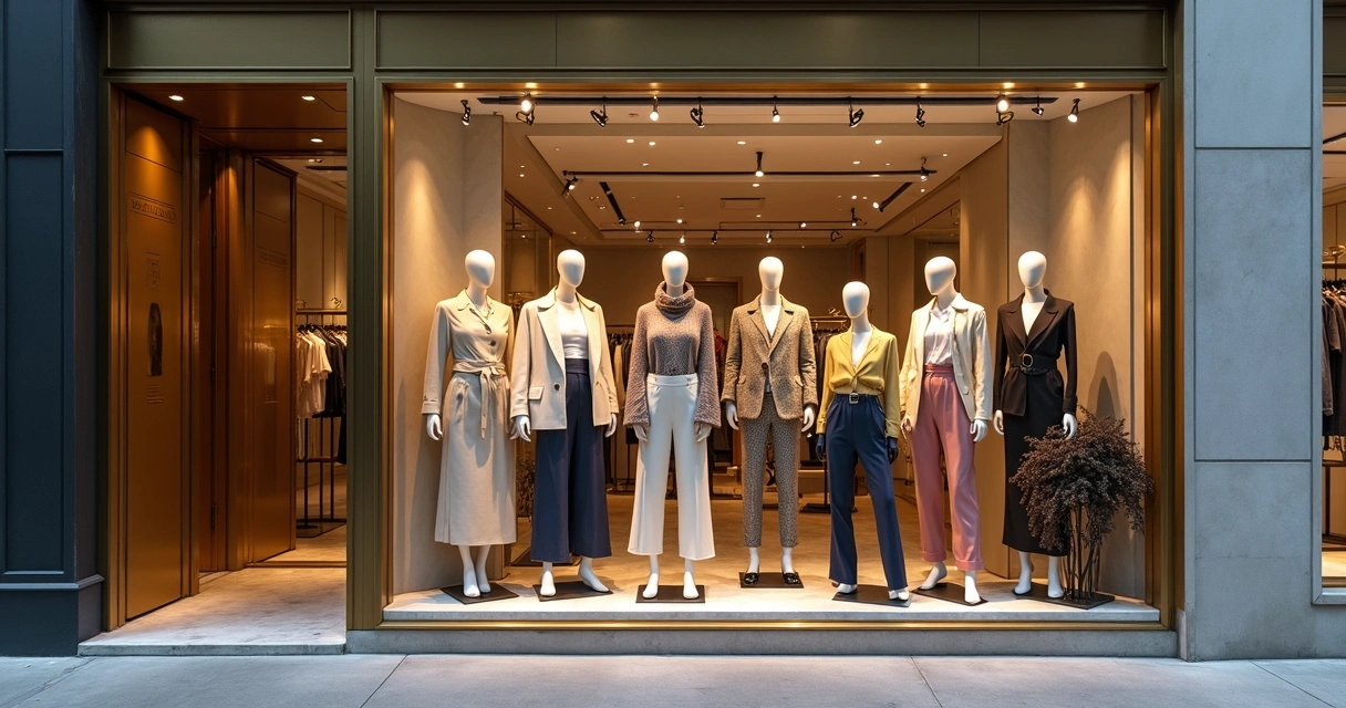 Vitrine de loja de moda mostrando manequins com roupas diversas, incluindo tamanhos, estilos e produtos genderless 