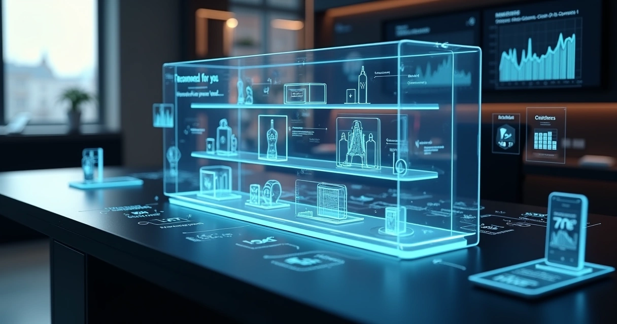 Loja virtual simulada com vitrine inteligente destacando recomendações de produtos personalizados 