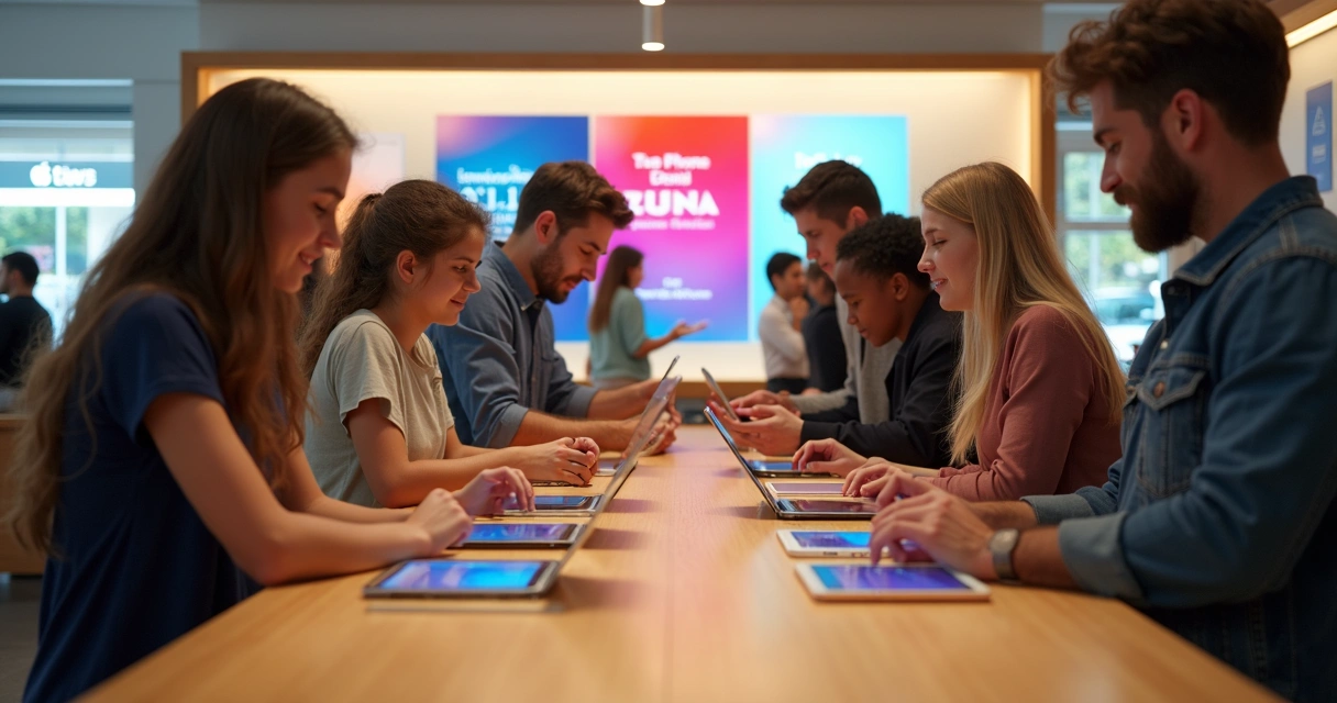 Vitrine com dispositivos Apple e cartaz de promoção