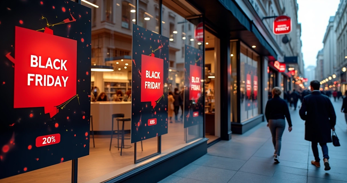 Vitrine de loja decorada com cartazes de desconto 
