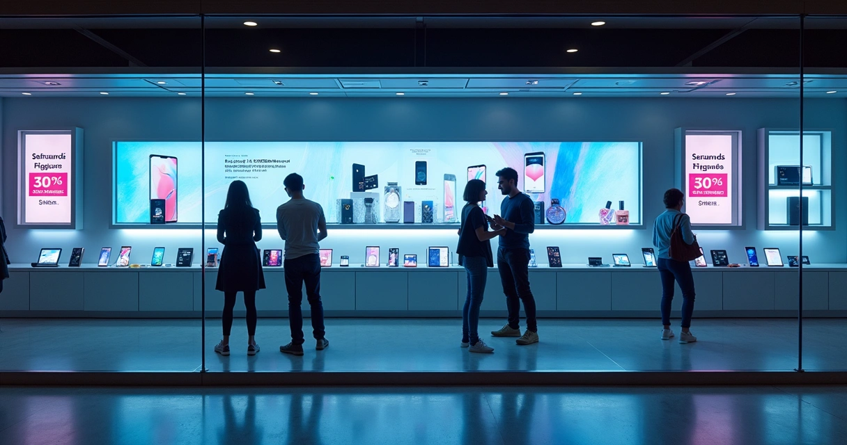 Celulares em exposição em vitrine digital com anúncios promocionais