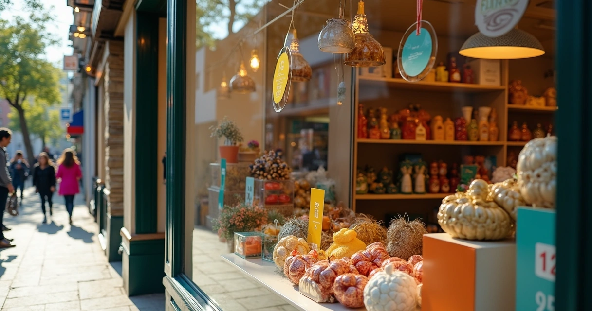 Vitrine de loja com produtos organizados e cartazes promocionais 