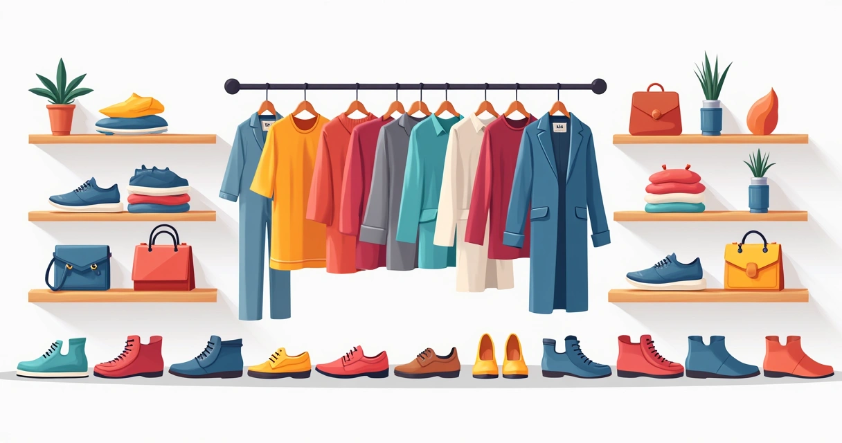 Vitrine virtual colorida com roupas, bolsas e sapatos em destaque