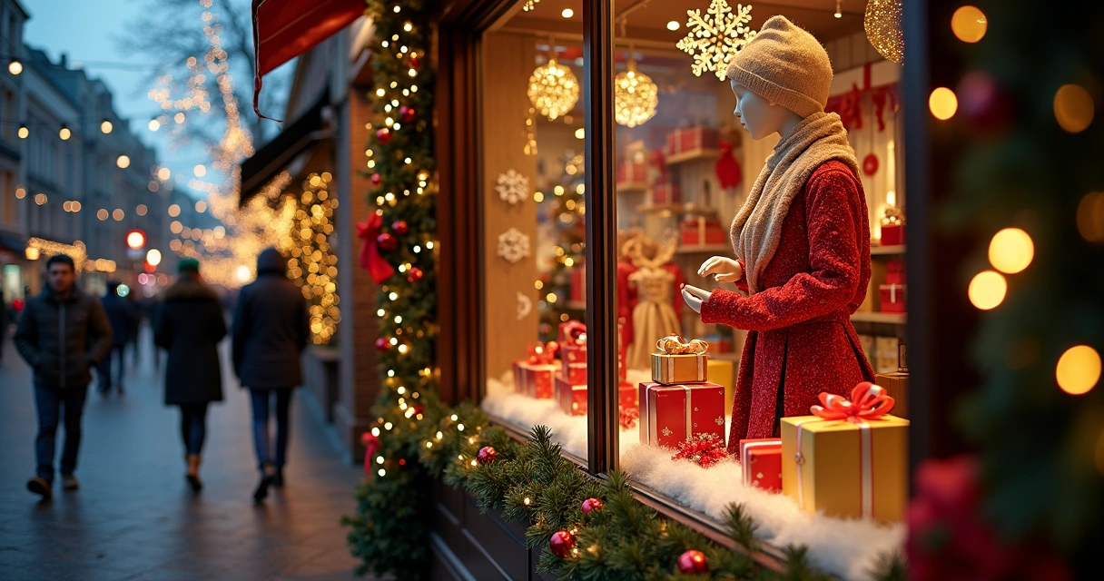 Vitrine de loja decorada para o Natal com luzes e presentes 