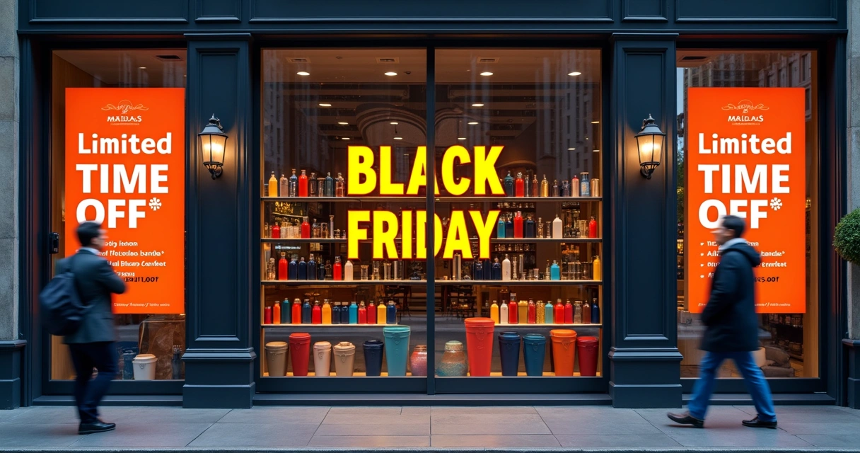 Vitrine de loja física exibindo coqueteleiras personalizadas para Black Friday 