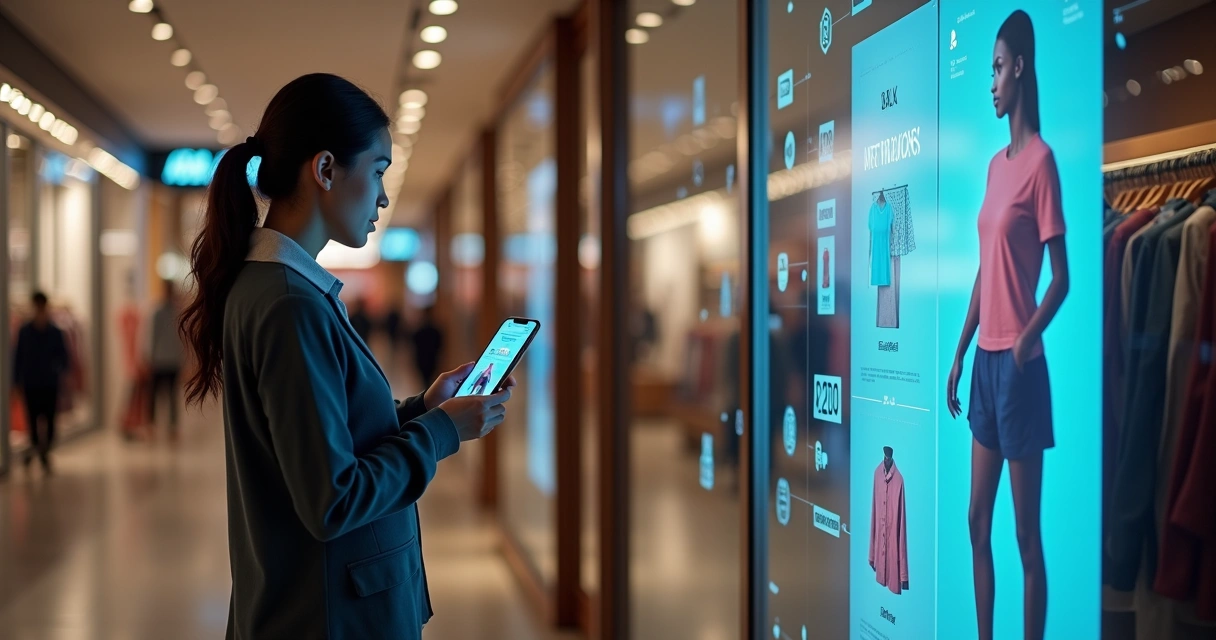 Cliente diante de vitrine digital de loja recebendo propagandas personalizadas no celular 