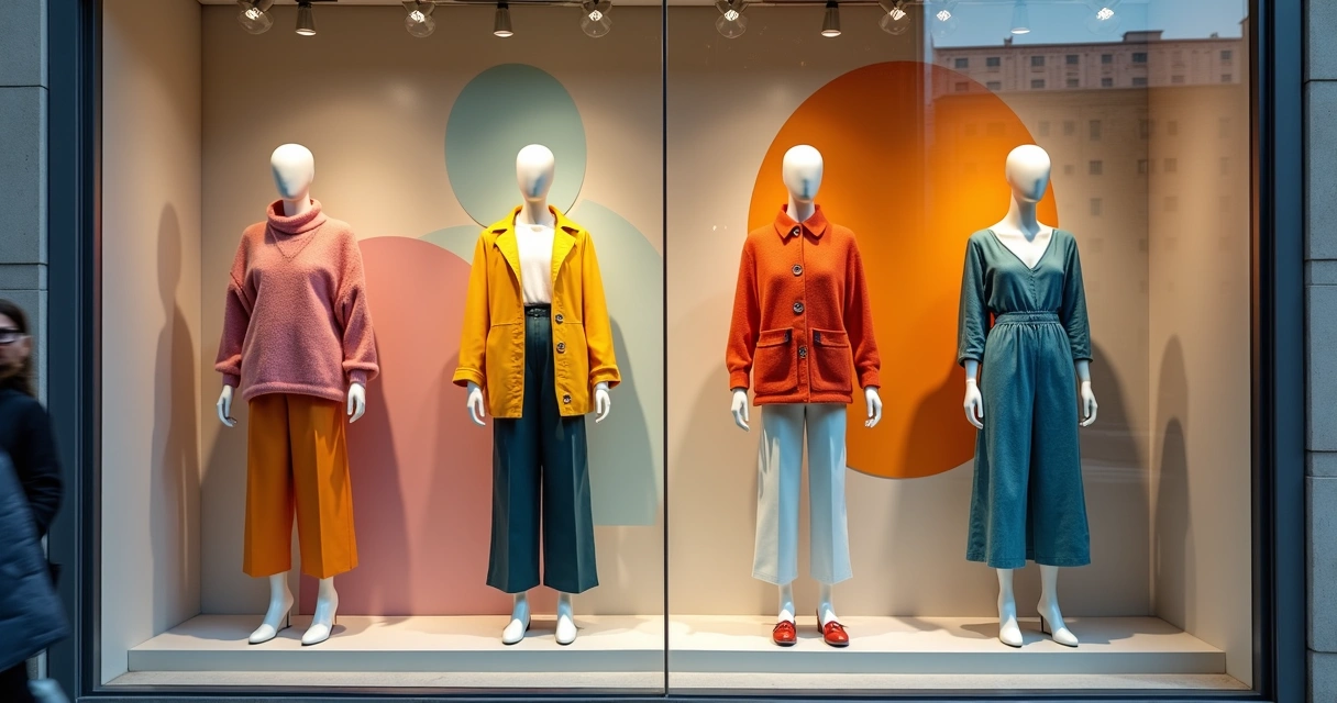 Vitrine de loja com manequins e roupas bem iluminadas 