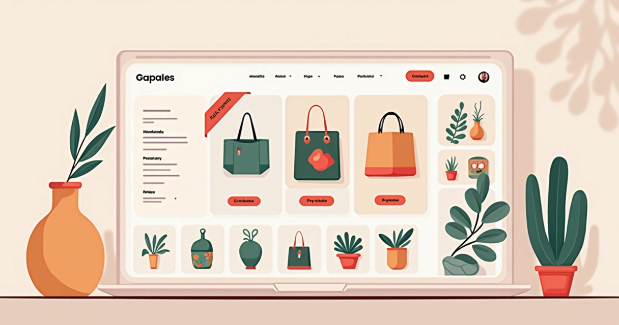 Loja online de produtos artesanais exibindo vitrine de itens e opções de compra. 