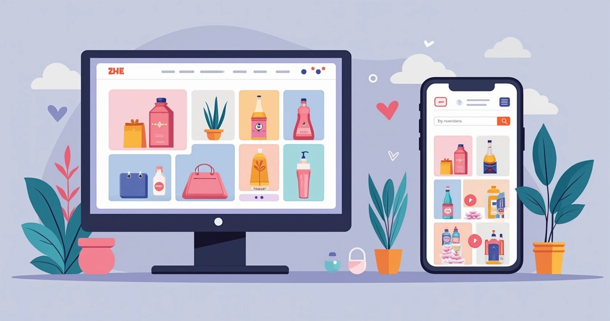 Vitrine virtual de loja online bem iluminada, variedade de produtos dispostos em prateleiras digitais