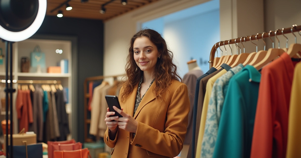 Influenciadora em loja virtual de moda exibindo produto e interagindo em redes sociais 
