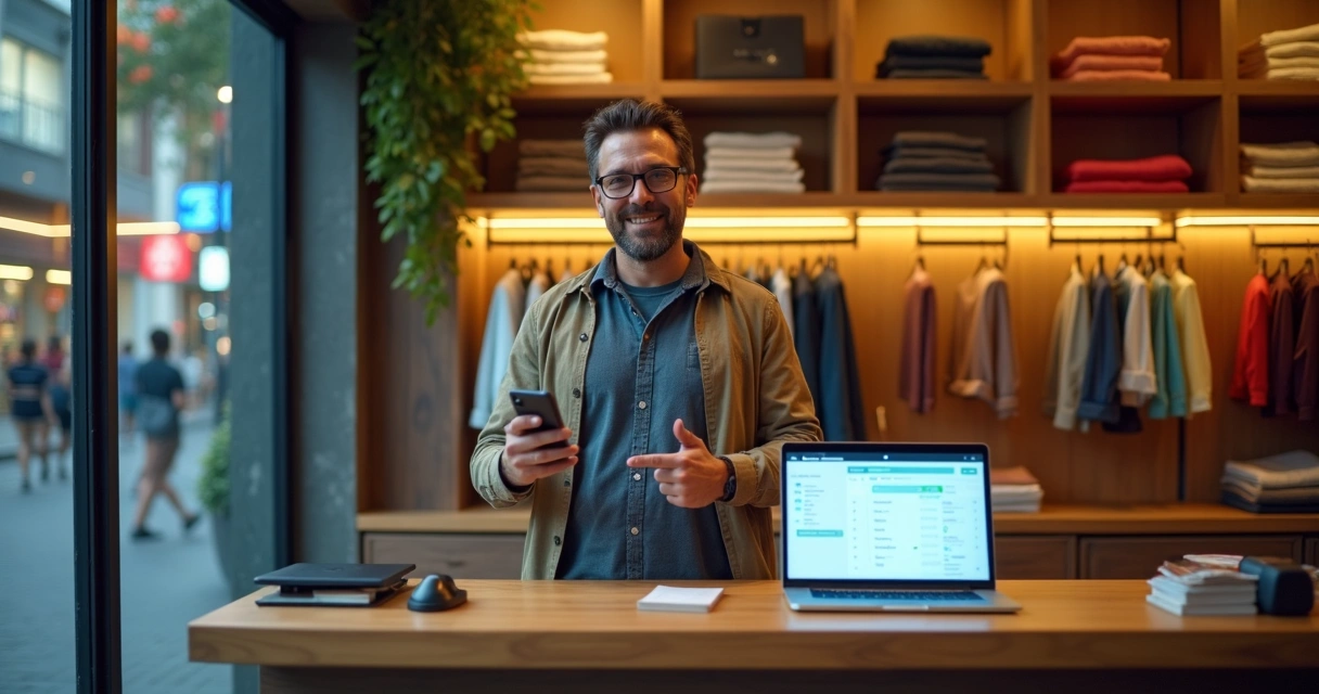 Varejista conectando loja física com celular e notebook em balcão moderno 