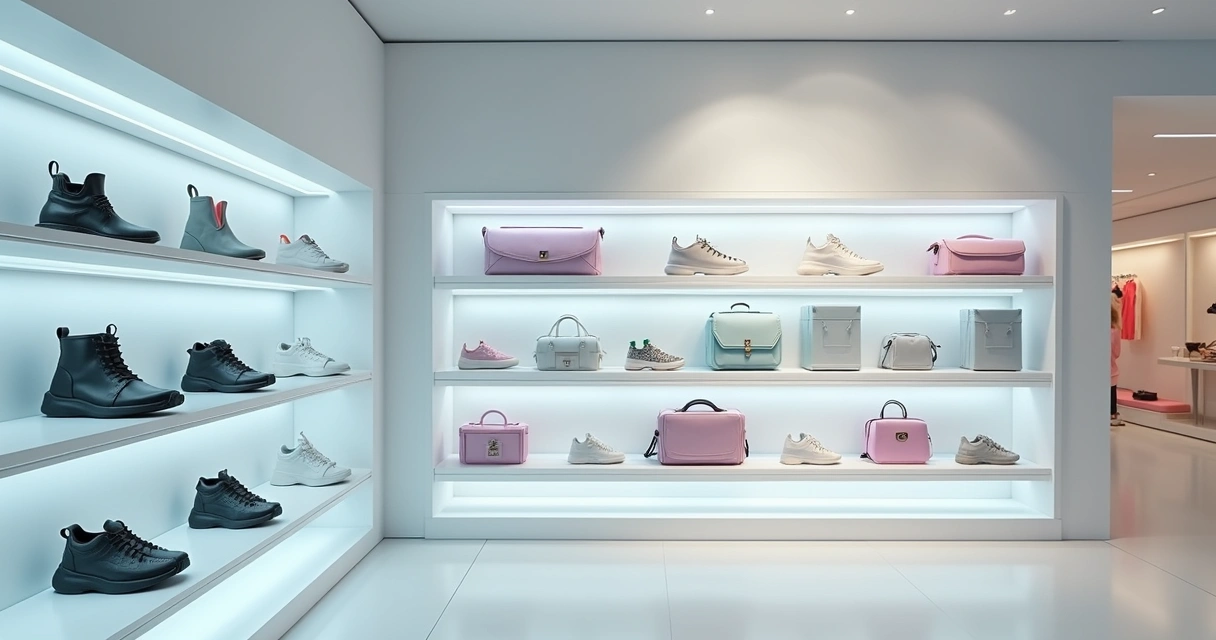 IA Imagem: Como Gerar Imagens para E-commerce e Marketing 1 Vitrine virtual com produtos variados em cenário moderno, iluminação natural e fundo neutro