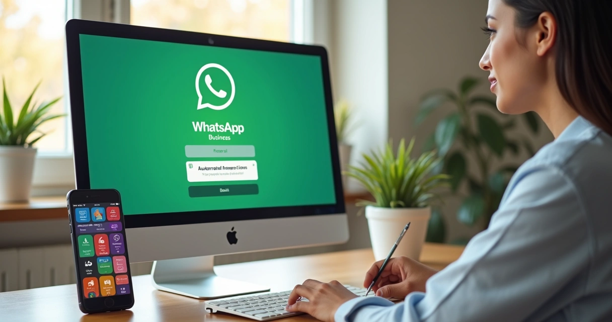 Foco nos recursos do WhatsApp Business, apresentado num cenário de escritório moderno 