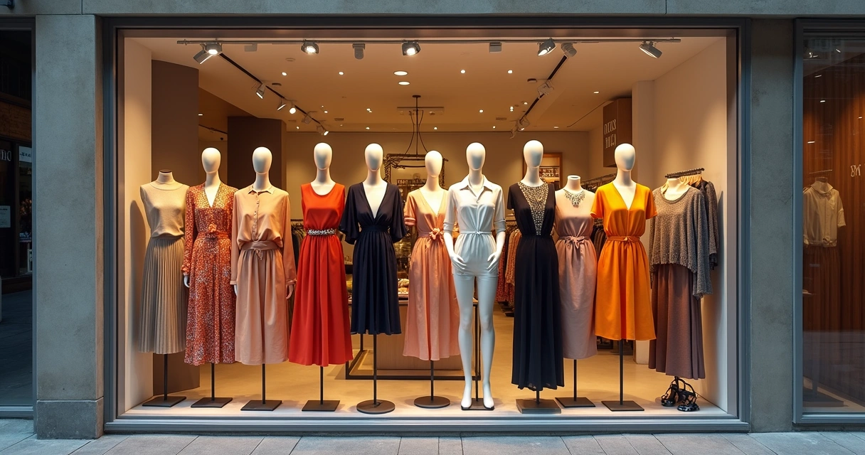 Vitrine com variedade de roupas modernas e vestidos de diferentes estilos. 