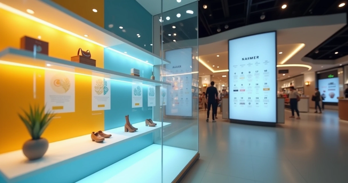 Vitrine de loja com calendário sazonal e mensagens automáticas em painéis digitais 