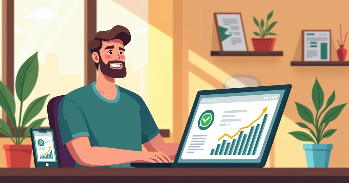 Micro lojista feliz usando notebook exibindo gráficos de crescimento da loja virtual 