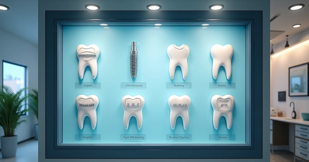 Vitrine digital com diferentes tratamentos odontológicos exibidos 