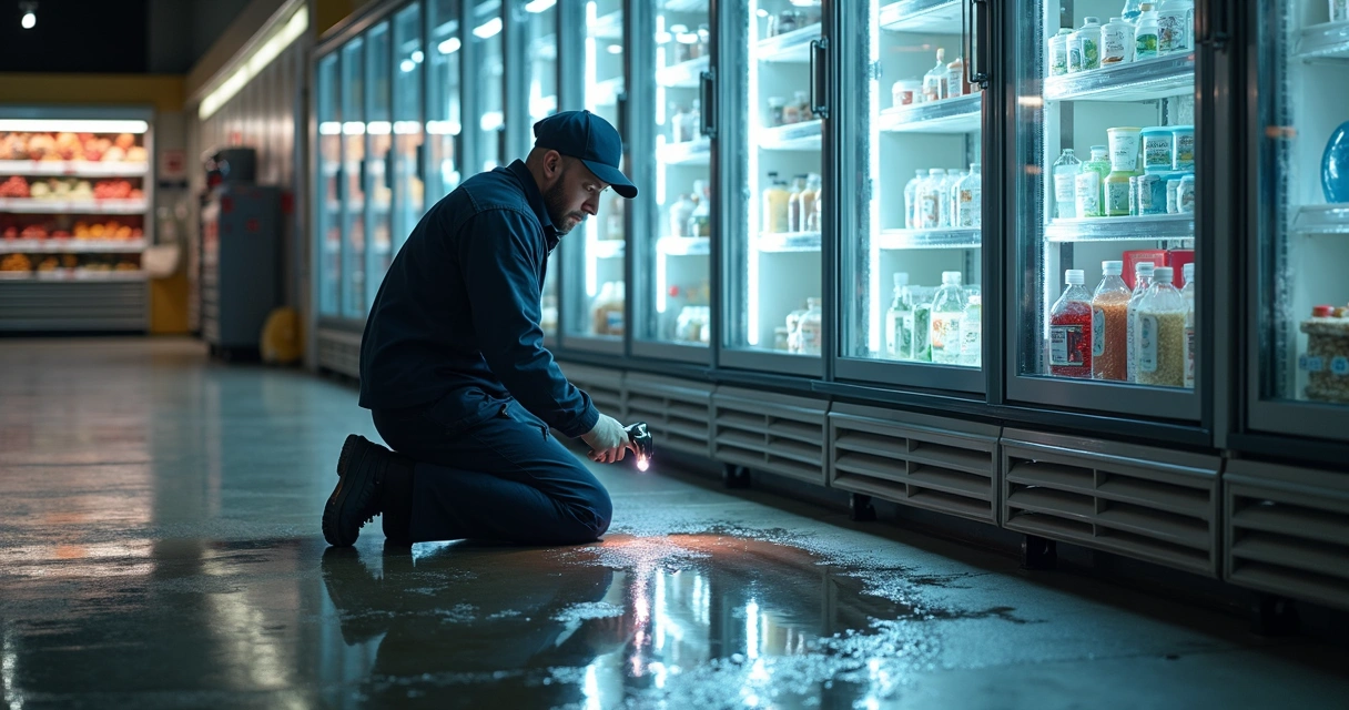 Técnico inspecionando vazamento em vitrine refrigerada com poça de água no chão 