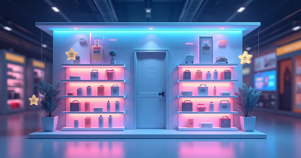 Vitrine virtual 3D com diferentes prateleiras iluminadas exibindo produtos diversos e elementos gráficos de destaque como setas e ícones de atenção 