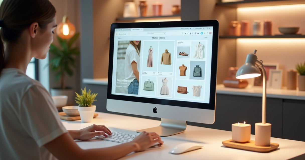 Vitrine virtual mostrando produtos de uma loja na tela e clientes na loja física ao fundo 