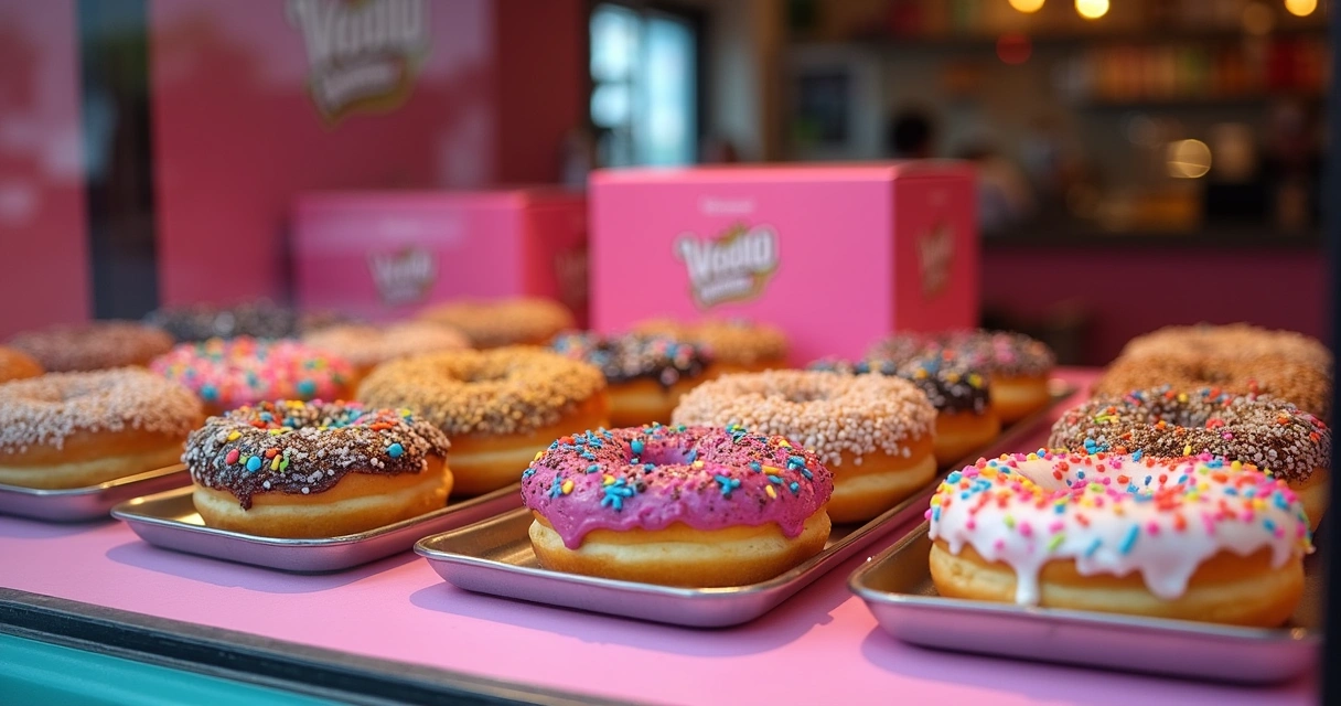 Vitrine com donuts coloridos Voodoo Doughnut 